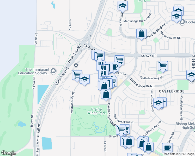 map of restaurants, bars, coffee shops, grocery stores, and more near 3710 Westwinds Drive Northeast in Calgary