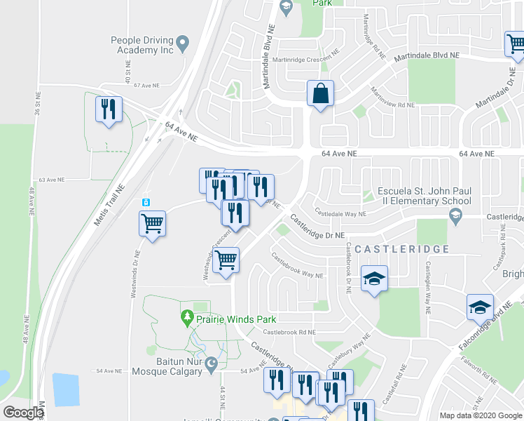 map of restaurants, bars, coffee shops, grocery stores, and more near 3660 Westwinds Drive Northeast in Calgary