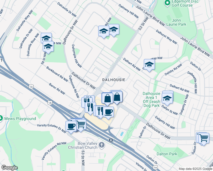 map of restaurants, bars, coffee shops, grocery stores, and more near 5820 Dalridge Hill Northwest in Calgary