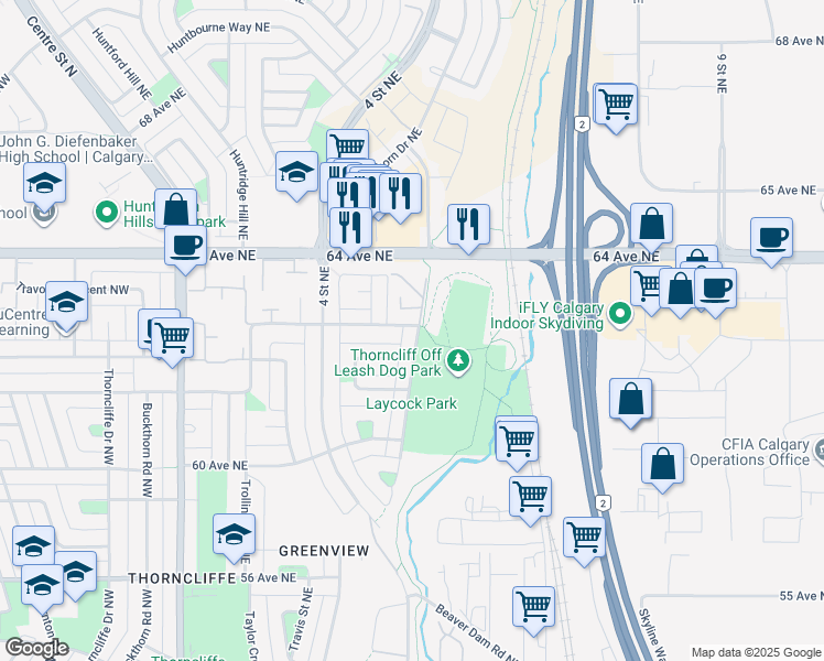 map of restaurants, bars, coffee shops, grocery stores, and more near 601 Blackthorn Road Northeast in Calgary