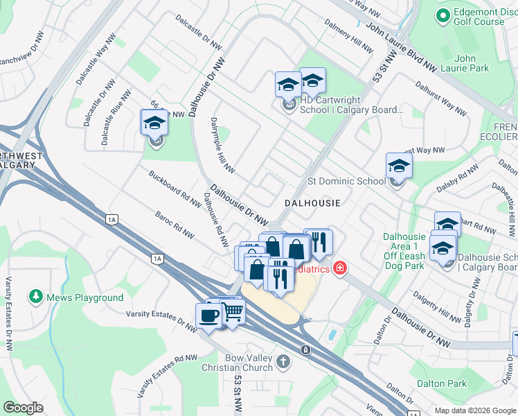 map of restaurants, bars, coffee shops, grocery stores, and more near 5400 Dalhousie Drive Northwest in Calgary