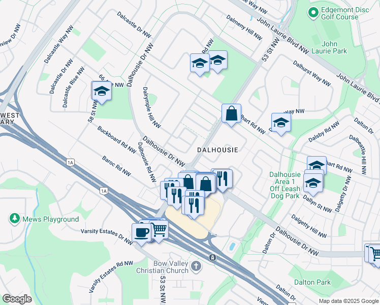 map of restaurants, bars, coffee shops, grocery stores, and more near 5400 Dalhousie Drive Northwest in Calgary