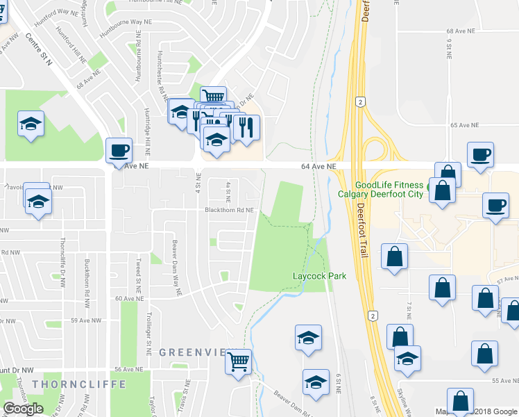 map of restaurants, bars, coffee shops, grocery stores, and more near 601 Blackthorn Road Northeast in Calgary