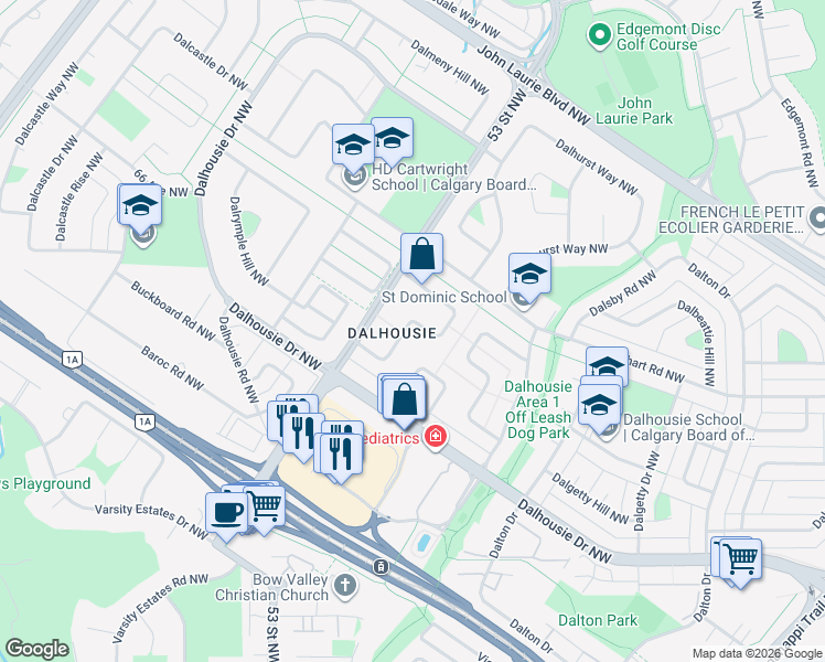 map of restaurants, bars, coffee shops, grocery stores, and more near 5864 Dalridge Hill Northwest in Calgary