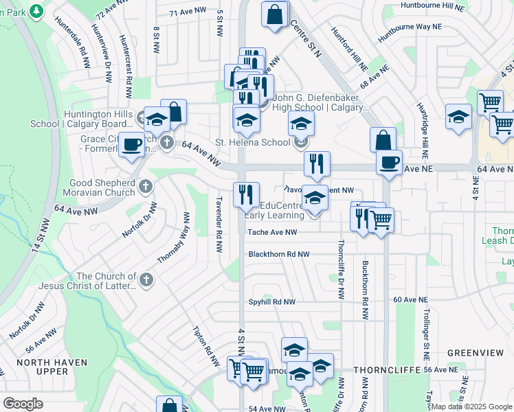 map of restaurants, bars, coffee shops, grocery stores, and more near 6440 4 Street Northwest in Calgary