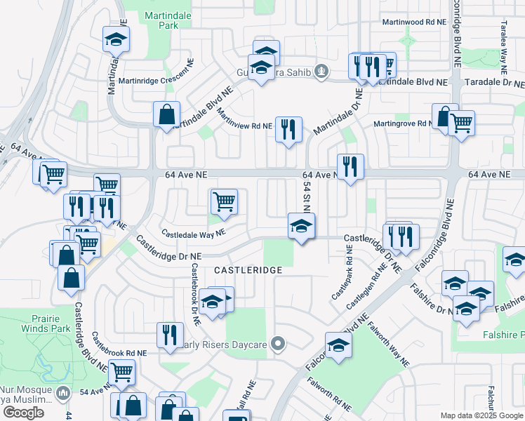 map of restaurants, bars, coffee shops, grocery stores, and more near 119 Castlegreen Close Northeast in Calgary