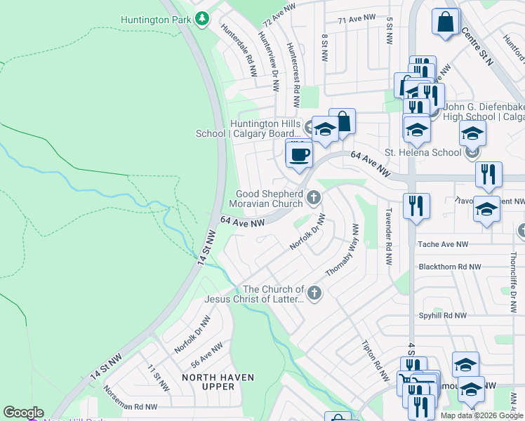 map of restaurants, bars, coffee shops, grocery stores, and more near 6614 Huntsbay Road Northwest in Calgary