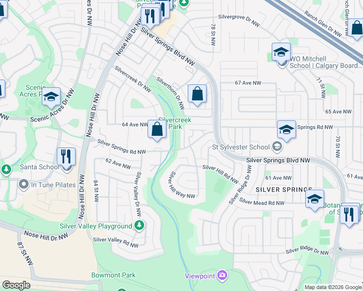 map of restaurants, bars, coffee shops, grocery stores, and more near 8020 Silver Springs Road Northwest in Calgary
