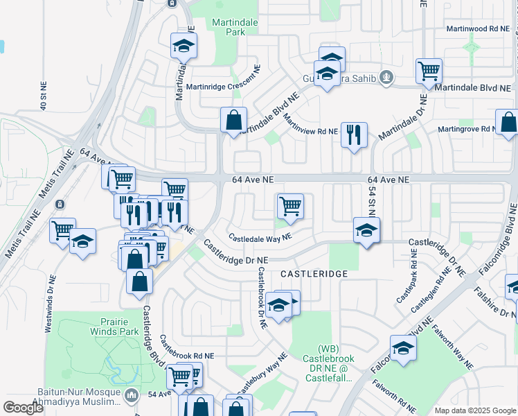 map of restaurants, bars, coffee shops, grocery stores, and more near 231 Castledale Way Northeast in Calgary