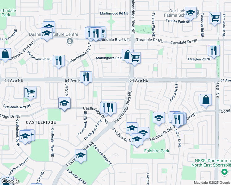 map of restaurants, bars, coffee shops, grocery stores, and more near 40 Castleridge Crescent Northeast in Calgary