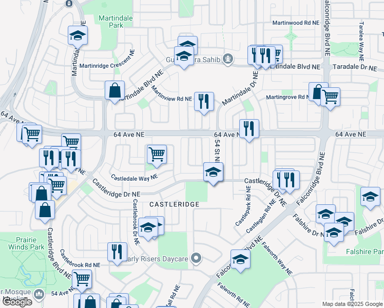 map of restaurants, bars, coffee shops, grocery stores, and more near 119 Castlegreen Close Northeast in Calgary