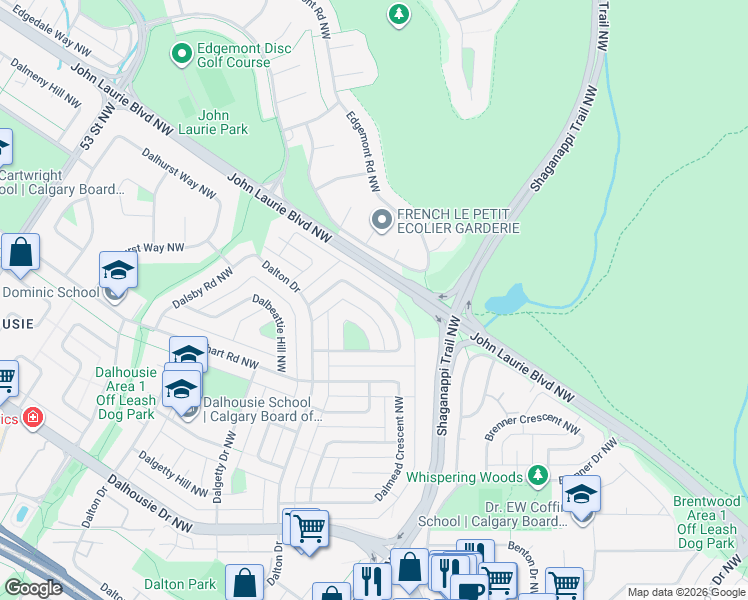 map of restaurants, bars, coffee shops, grocery stores, and more near Dalmarnock Crescent Northwest in Calgary
