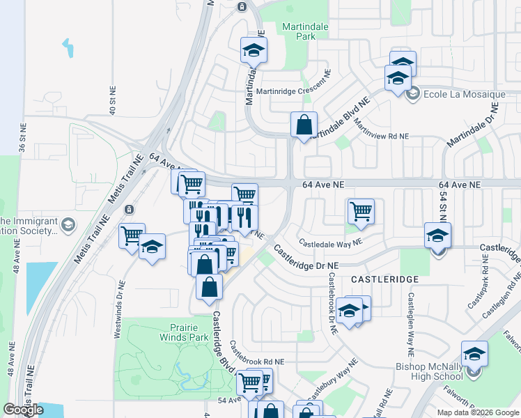 map of restaurants, bars, coffee shops, grocery stores, and more near 3660 Westwinds Drive Northeast in Calgary