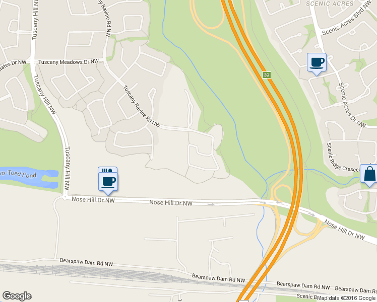 map of restaurants, bars, coffee shops, grocery stores, and more near 478 Tuscany Ravine Rd NW in Calgary