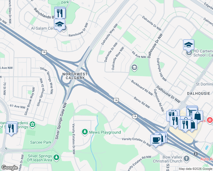 map of restaurants, bars, coffee shops, grocery stores, and more near 6003 Baroc Road Northwest in Calgary