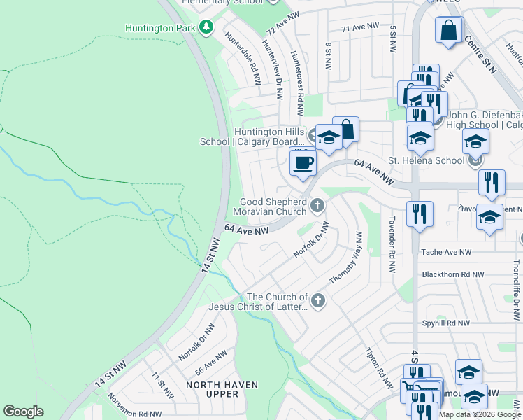 map of restaurants, bars, coffee shops, grocery stores, and more near 6614 Huntsbay Road Northwest in Calgary
