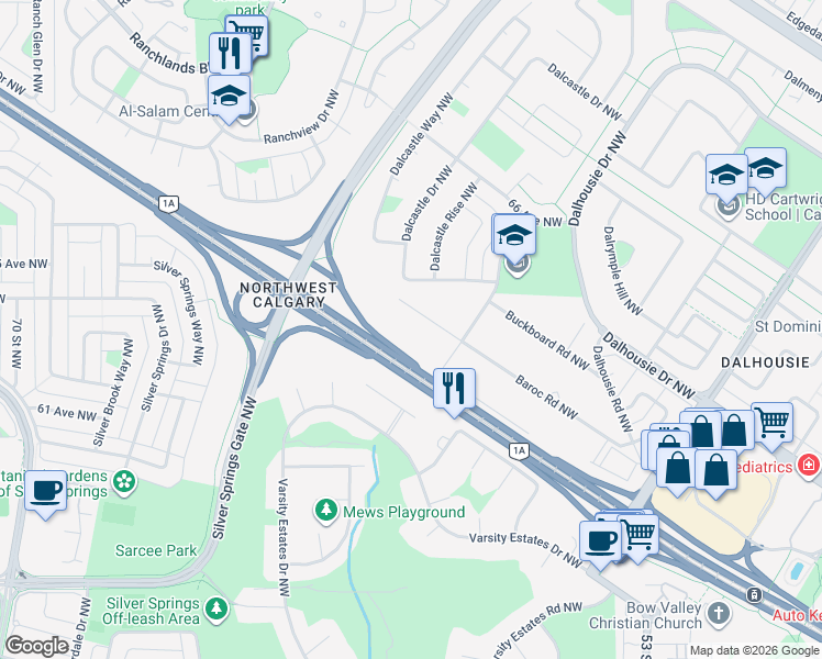map of restaurants, bars, coffee shops, grocery stores, and more near 6003 Baroc Road Northwest in Calgary