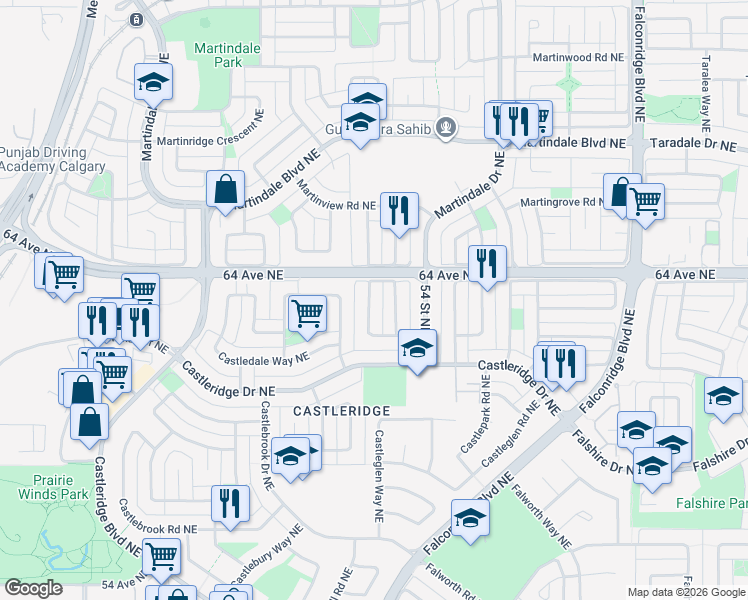 map of restaurants, bars, coffee shops, grocery stores, and more near 119 Castlegreen Close Northeast in Calgary