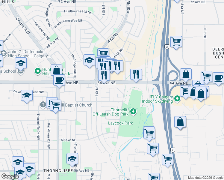 map of restaurants, bars, coffee shops, grocery stores, and more near 544 Blackthorn Road Northeast in Calgary