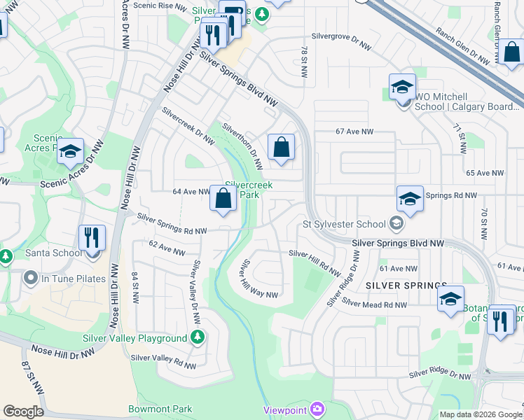 map of restaurants, bars, coffee shops, grocery stores, and more near 8020 Silver Springs Road Northwest in Calgary