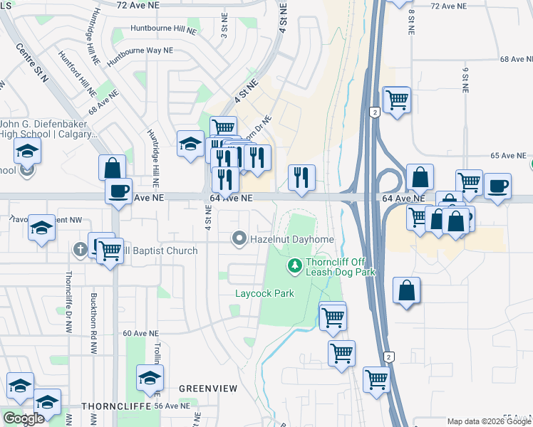 map of restaurants, bars, coffee shops, grocery stores, and more near 544 Blackthorn Road Northeast in Calgary