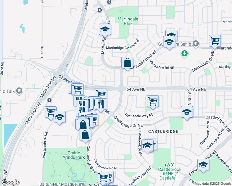 map of restaurants, bars, coffee shops, grocery stores, and more near 80 Martinglen Way Northeast in Calgary