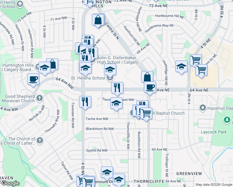 map of restaurants, bars, coffee shops, grocery stores, and more near 6433 Tregillus Street Northwest in Calgary