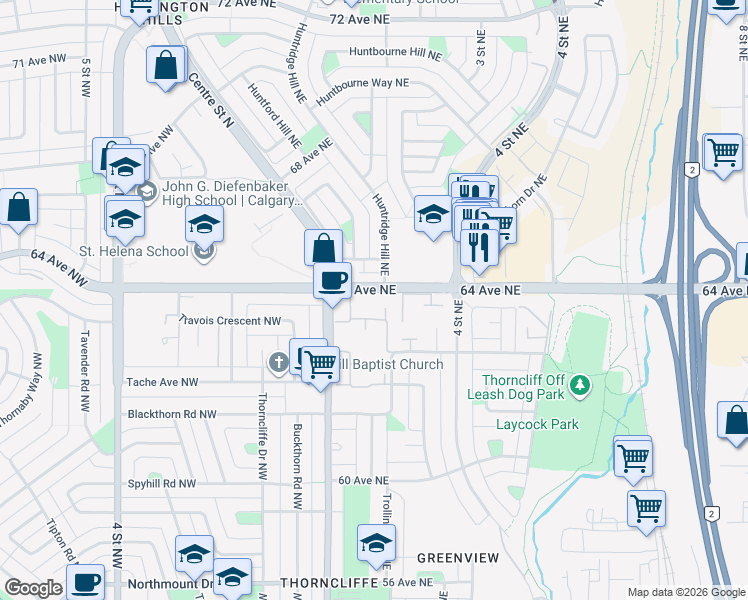 map of restaurants, bars, coffee shops, grocery stores, and more near 6440 Centre Street Northeast in Calgary
