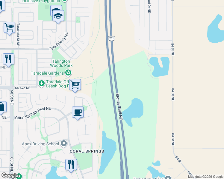 map of restaurants, bars, coffee shops, grocery stores, and more near Stoney Trail Northeast in Calgary