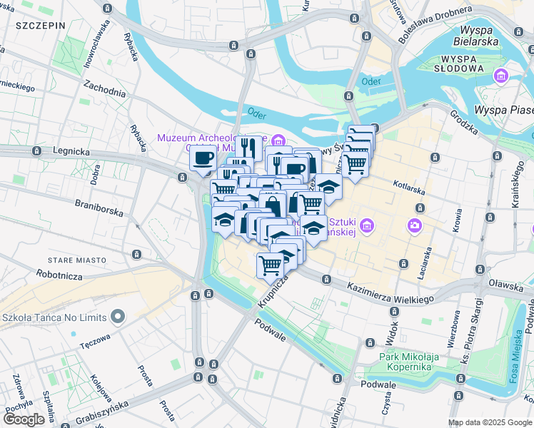 map of restaurants, bars, coffee shops, grocery stores, and more near Ruska in Wroclaw