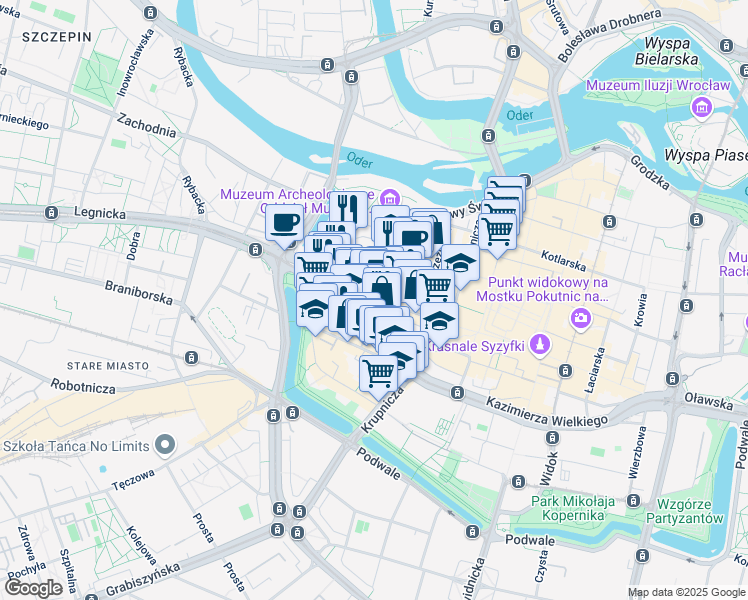 map of restaurants, bars, coffee shops, grocery stores, and more near Ruska in Wroclaw