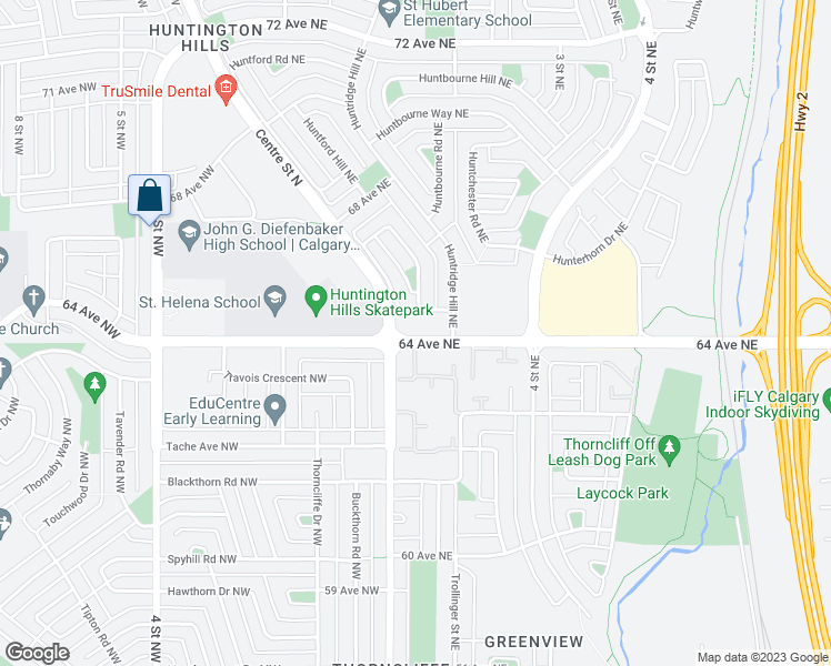 map of restaurants, bars, coffee shops, grocery stores, and more near 102 64 Avenue Northeast in Calgary