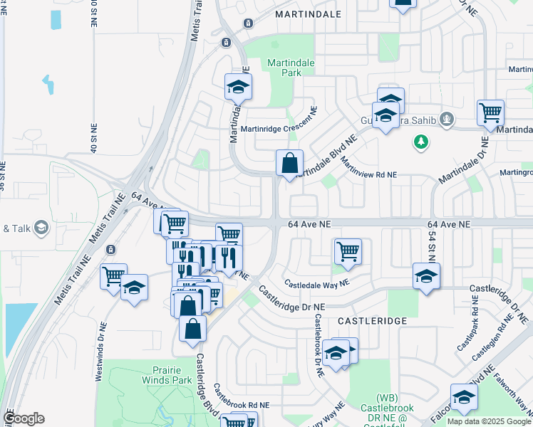 map of restaurants, bars, coffee shops, grocery stores, and more near 80 Martinglen Way Northeast in Calgary