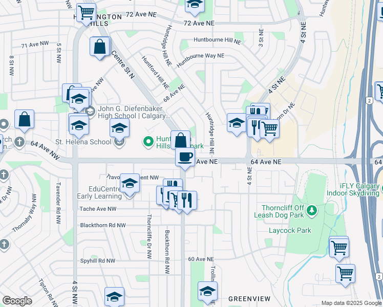 map of restaurants, bars, coffee shops, grocery stores, and more near 102 64 Avenue Northeast in Calgary
