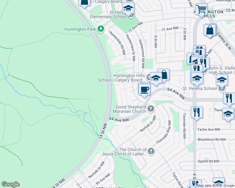 map of restaurants, bars, coffee shops, grocery stores, and more near 6711 Huntsbay Road Northwest in Calgary