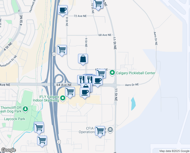 map of restaurants, bars, coffee shops, grocery stores, and more near 1020 64 Avenue Northeast in Calgary