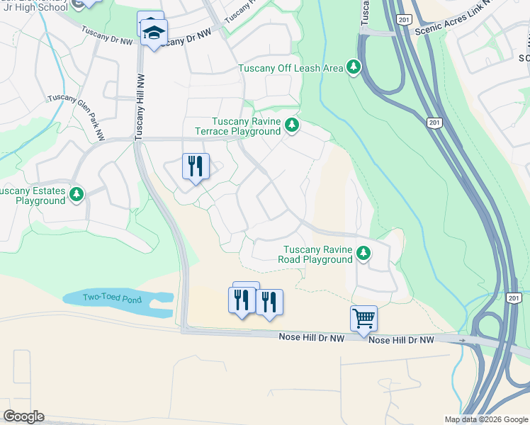 map of restaurants, bars, coffee shops, grocery stores, and more near 68 Tuscany Ravine Crescent Northwest in Calgary