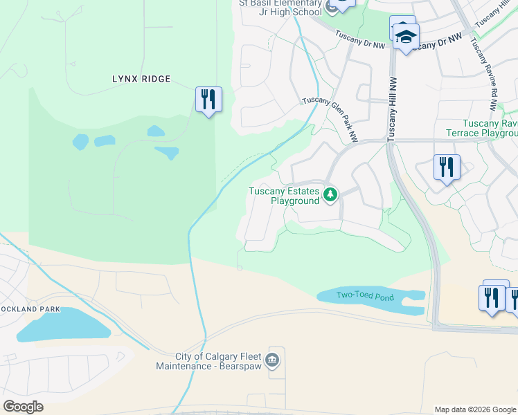 map of restaurants, bars, coffee shops, grocery stores, and more near 412 Tuscany Estates Rise Northwest in Calgary