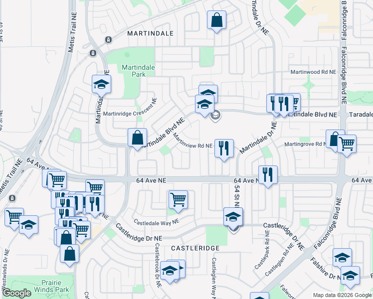 map of restaurants, bars, coffee shops, grocery stores, and more near 25 Martinview Road Northeast in Calgary