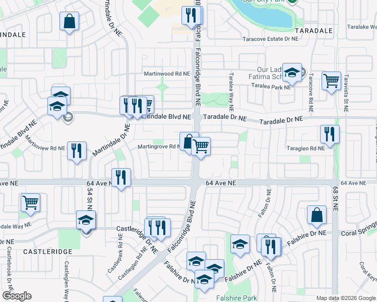 map of restaurants, bars, coffee shops, grocery stores, and more near 6087 Martingrove Road Northeast in Calgary