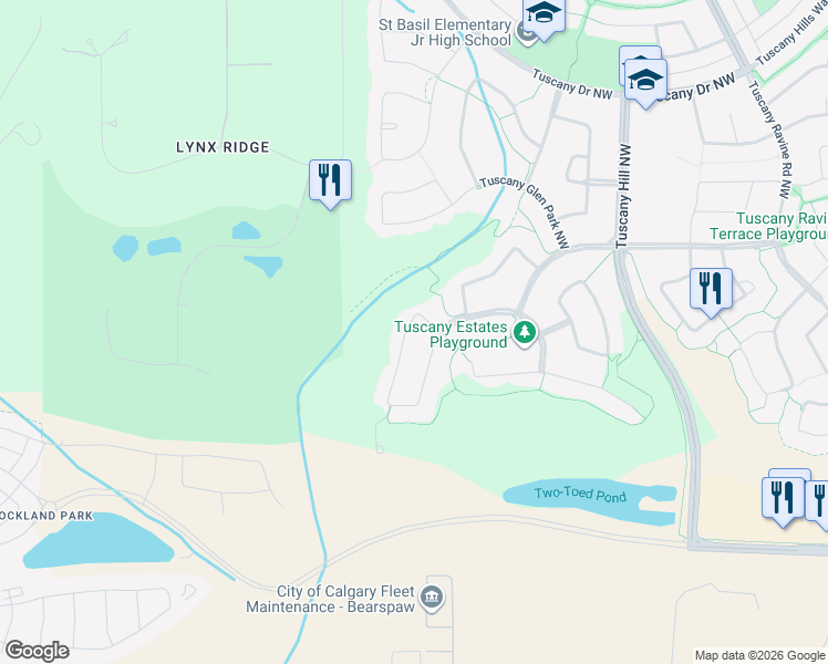 map of restaurants, bars, coffee shops, grocery stores, and more near 412 Tuscany Estates Rise Northwest in Calgary