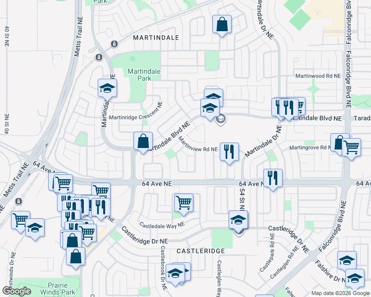 map of restaurants, bars, coffee shops, grocery stores, and more near 5 Martinview Road Northeast in Calgary