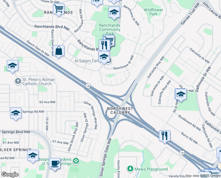 map of restaurants, bars, coffee shops, grocery stores, and more near 963 Ranchview Crescent Northwest in Calgary