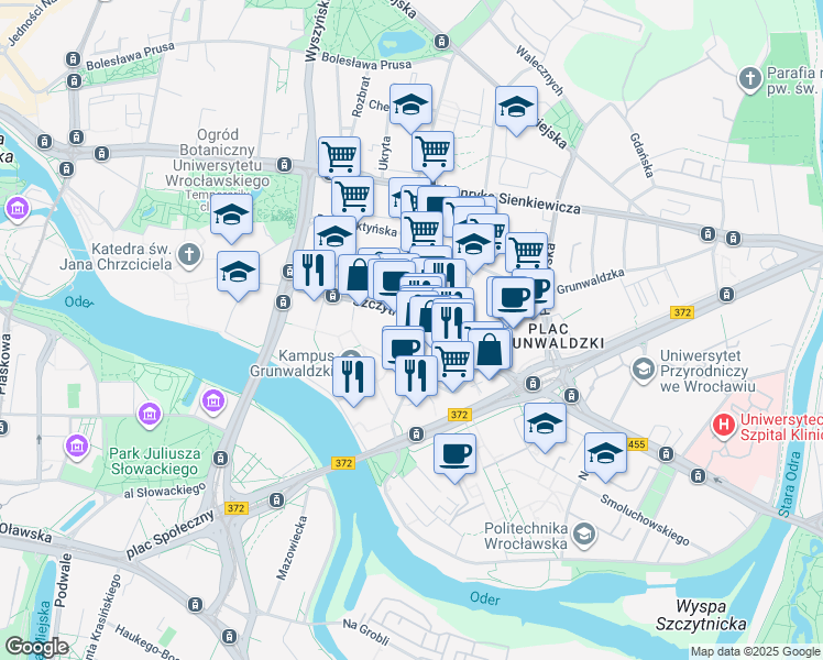 map of restaurants, bars, coffee shops, grocery stores, and more near 47 Szczytnicka in Wroclaw