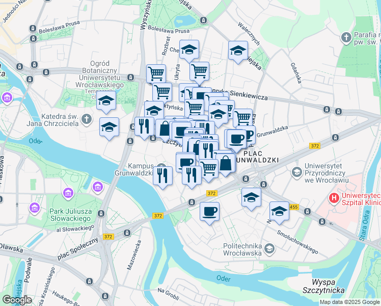 map of restaurants, bars, coffee shops, grocery stores, and more near 47 Szczytnicka in Wroclaw