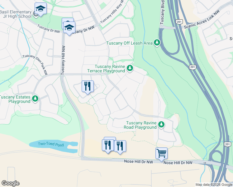 map of restaurants, bars, coffee shops, grocery stores, and more near 12 Tuscany Ravine Crescent Northwest in Calgary