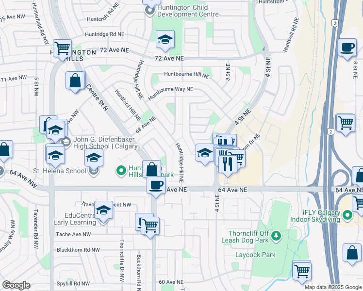 map of restaurants, bars, coffee shops, grocery stores, and more near 6630 Huntridge Hill Northeast in Calgary