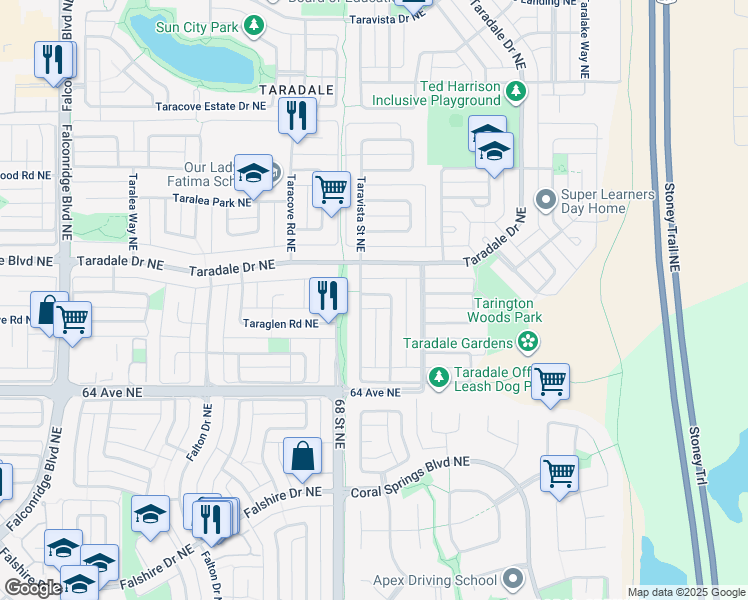 map of restaurants, bars, coffee shops, grocery stores, and more near 312 Tarington Close Northeast in Calgary