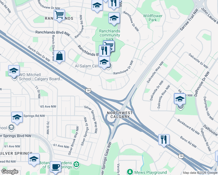 map of restaurants, bars, coffee shops, grocery stores, and more near 963 Ranchview Crescent Northwest in Calgary