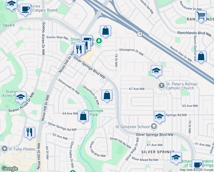 map of restaurants, bars, coffee shops, grocery stores, and more near 311 Silverthorn Way Northwest in Calgary